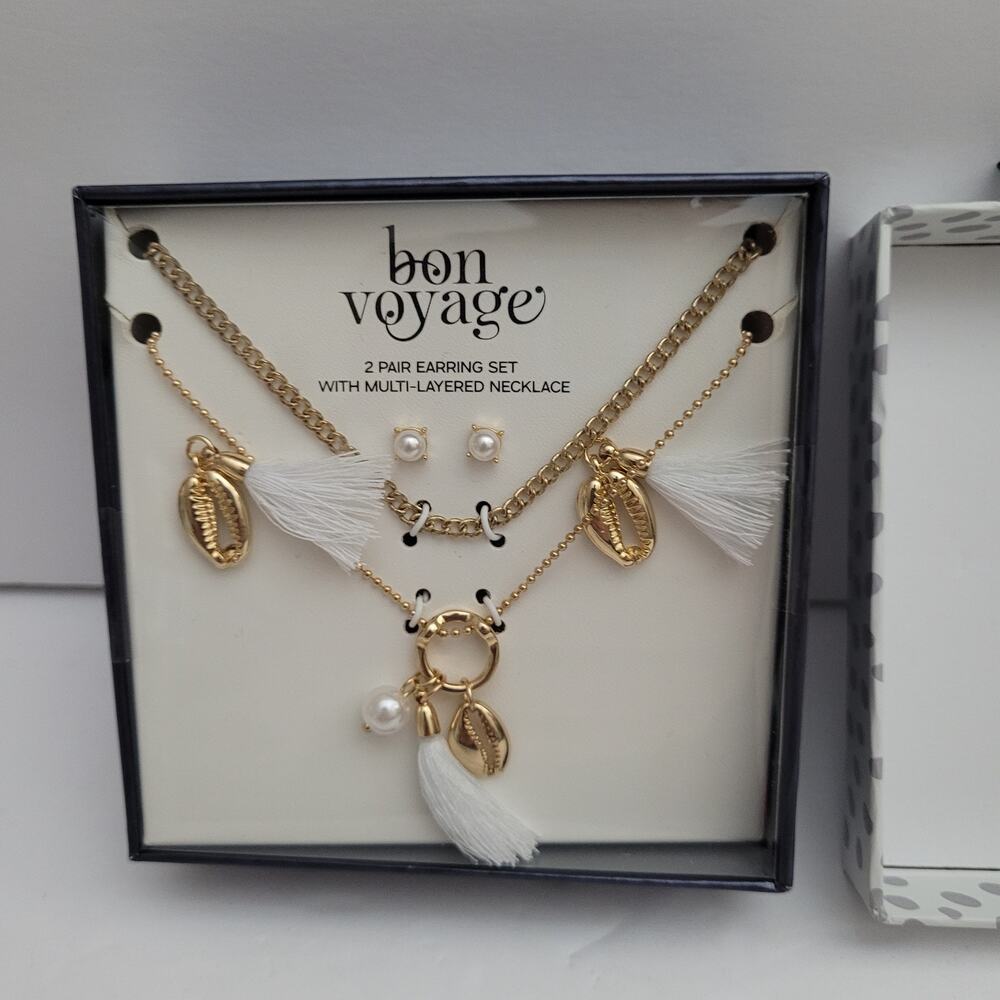 Bon Voyage Multi-Layered Necklace & Earring Set with Seashell Charms